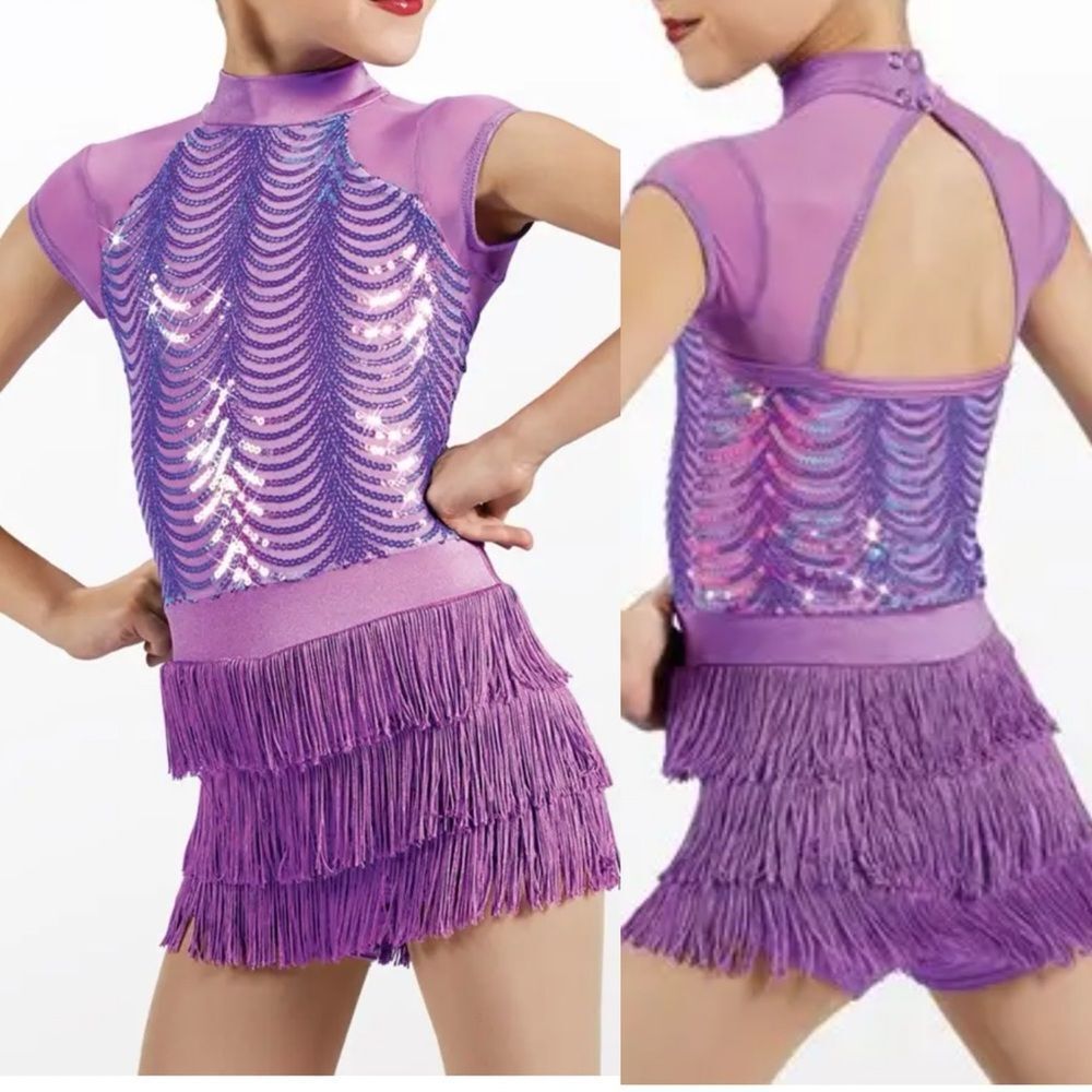 Weissman dance costume fringe lavender purple Rain On Me 12480 IC- child 7/8